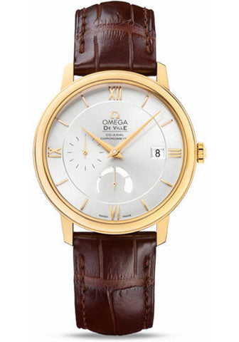 Omega De Ville Prestige Power Reserver Co-Axial Watch - 39.5 mm Yellow Gold Case - Silver Dial - Brown Leather Strap - 424.53.40.21.02.002