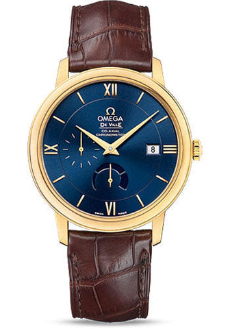 Omega De Ville Prestige Power Reserver Co-Axial Watch - 39.5 mm Yellow Gold Case - Blue Dial - Brown Leather Strap - 424.53.40.21.03.001