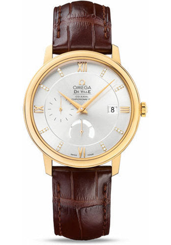 Omega De Ville Prestige Power Reserver Co-Axial Watch - 39.5 mm Yellow Gold Case - Silver Diamond Dial - Brown Leather Strap - 424.53.40.21.52.001