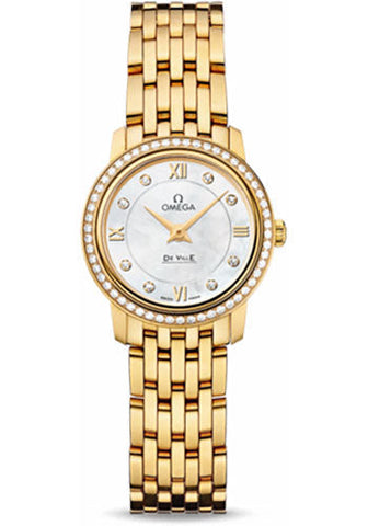 Omega De Ville Prestige Quartz Watch - 24.4 mm Yellow Gold Case - Diamond Bezel - Mother-Of-Pearl Diamond Dial - 424.55.24.60.55.001
