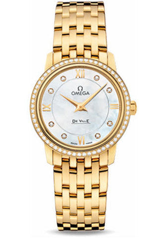 Omega De Ville Prestige Quartz Watch - 27.4 mm Yellow Gold Case - Diamond Bezel - Mother-Of-Pearl Diamond Dial - 424.55.27.60.55.001