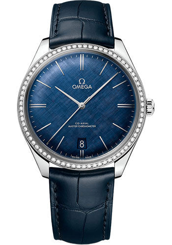 Omega De Ville Tresor Omega Co-Axial Master Chronometer - 40 mm Steel Case - Diamond Bezel - Blue Patterned Dial - Blue Leather Strap - 435.18.40.21.03.001