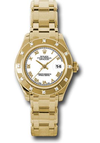 Rolex Yellow Gold Lady-Datejust Pearlmaster 29 Watch - 12 Diamond Bezel - White Roman Dial - 80318 wr