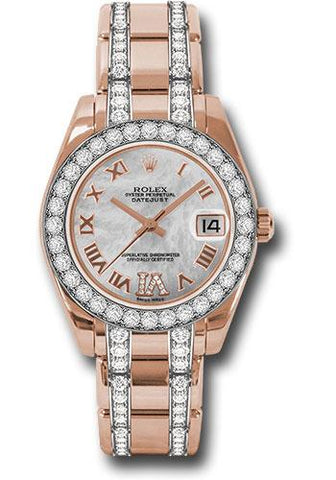 Rolex Everose Gold Datejust Pearlmaster 34 Watch - 32 Diamond Bezel - White Mother-Of-Pearl Roman Dial - 81285 mdrdp
