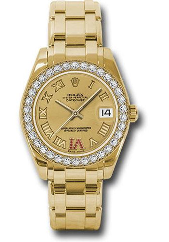 Rolex Yellow Gold Datejust Pearlmaster 34 Watch - 34 Diamond Bezel - Champagne Ruby Roman Vi Roman Dial - 81298 chrr