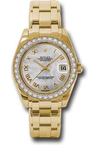 Rolex Yellow Gold Datejust Pearlmaster 34 Watch - 34 Diamond Bezel - White Mother-Of-Pearl Roman Dial - 81298 mr