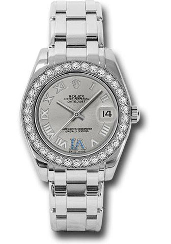 Rolex White Gold Datejust Pearlmaster 34 Watch - 34 Diamond Bezel - Silver Roman Dial - 81299 ssr