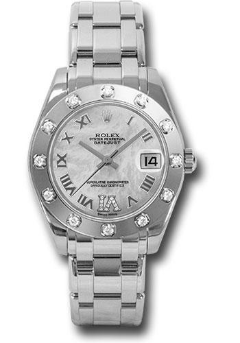 Rolex White Gold Datejust Pearlmaster 34 Watch - 12 Diamond Bezel - White Mother-Of-Pearl Roman Dial - 81319 mdr