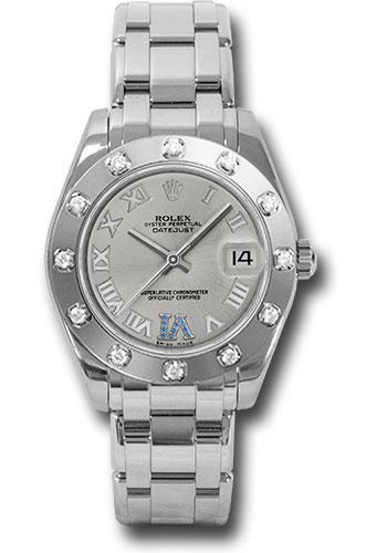 Rolex White Gold Datejust Pearlmaster 34 Watch - 12 Diamond Bezel - Silver Roman Dial - 81319 ssr