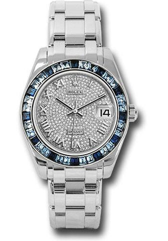 Rolex White Gold Datejust Pearlmaster 34 Watch - 12 Blue And 24 Light-Blue Sapphire Baguettes Bezel - Diamond Paved Roman Dial - 81349SA dpr