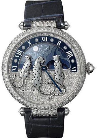 Cartier Reves de Pantheres Watch - 42.75 mm White Gold Diamond Case - White Gold Dial - Blue Alligator Strap - HPI00930