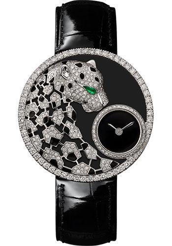 Cartier Panthere Dentelle Watch - 36 mm White Gold Diamond Case - Black Dial - Black Leather Strap - HPI01294