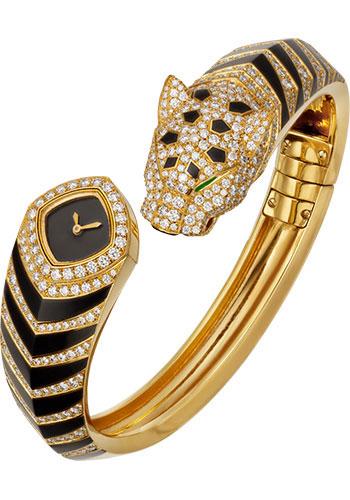 Cartier Panthere de Cartier Bangle Watch - 18 mm Yellow Gold Case - Black Dial - Size 18 Diamond Bracelet - HPI01346