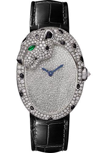 Cartier Panthere Lovee Watch - White Gold Diamond Case - Diamond-Set Shagreen Dial - Black Alligator Strap - HPI01352
