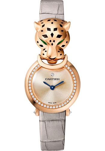 Cartier La Panthere Watch - 23.6 mm Pink Gold Diamond Case - Pink Dial - Light Gray Leather Strap - HPI01379