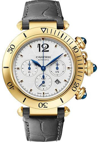 Cartier Pasha de Cartier Watch - 41 mm Yellow Gold Case - Silvered Dial - Dark Gray Leather Strap - WGPA0017